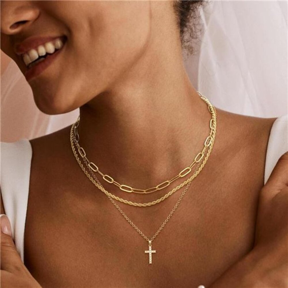 Layered Gold Cross Necklace | 14K Plated Chains